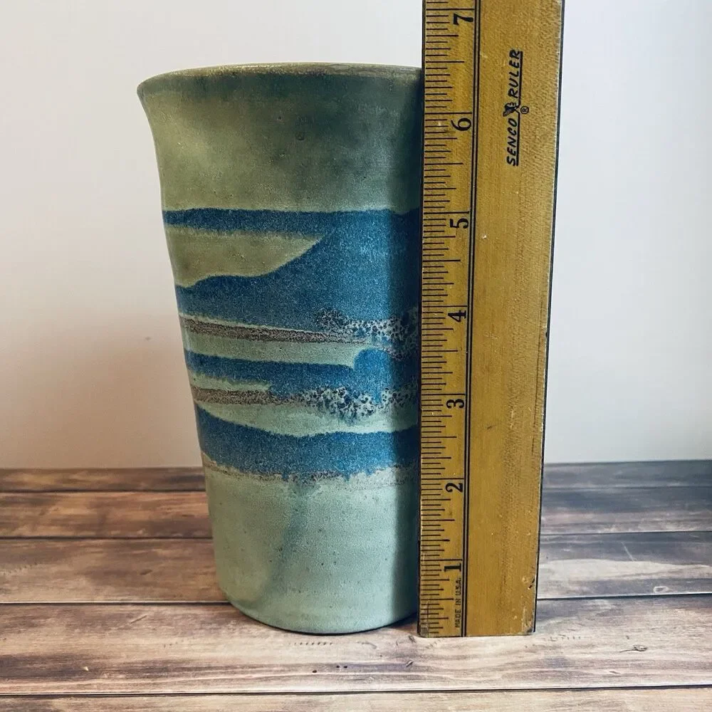 Vintage Handmade Stoneware Vase Or Pitcher With Seascape Design Patterns